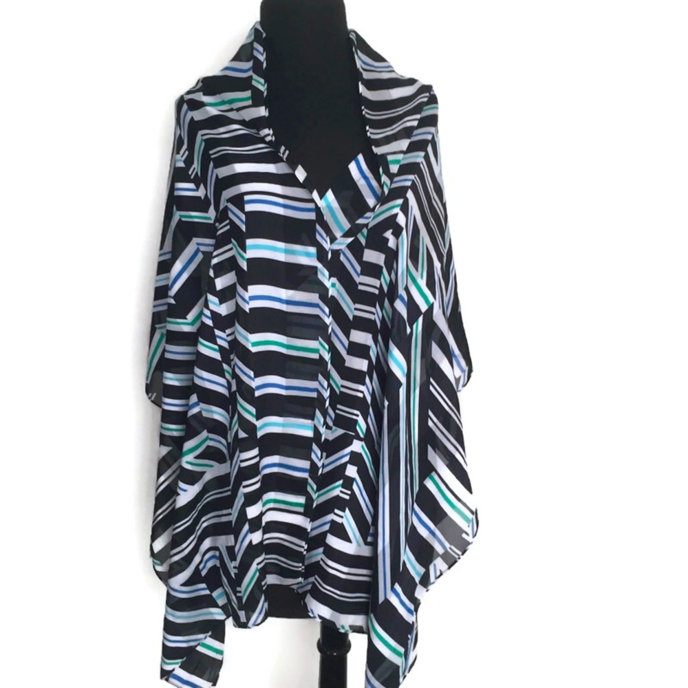 Large Sheer Scarf Calvin Klein Geometric Striped Print Blue Green White Black